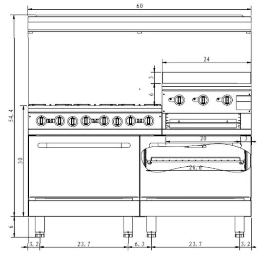 SABA GR60-GS24 60" 6 Open Burner Gas Range with 24" Gas Griddle, Broiler & Bottom Oven 278,000 BTU
