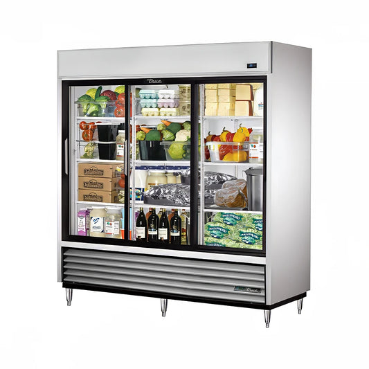 True TSD-69G-LD 78 1/10" Three Section Reach In Refrigerator, (3) Sliding Glass Doors, 115v