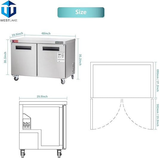 WESTLAKE WKTF-48B 48" W Commercial Freezer Worktop Undercounter Freezer 12 Cu.ft Double Door Stainless Steel Counter Fan Cooling Freezer Food Prep Station for Restaurant, Bar Equipment