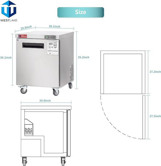 WESTLAKE WKTF-27B 28" W Commercial Freezer Worktop Undercounter Freezer 6.4 Cu.ft Single Door Stainless Steel Counter Fan Cooling Freezer Food Prep Station for Restaurant, Bar Equipment
