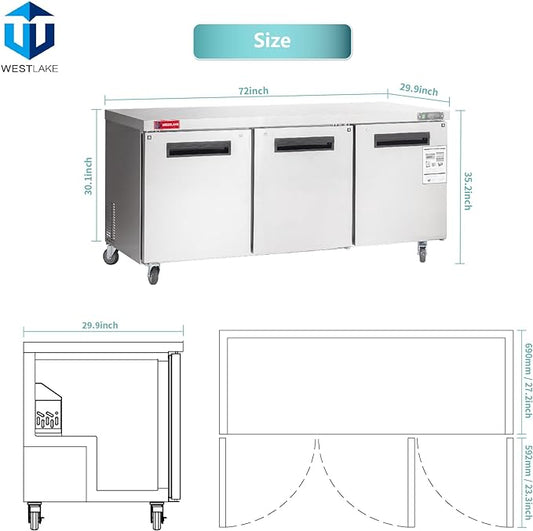 WESTLAKE WKTR-72B 72" W Commercial Refrigerator Worktop Undercounter Refrigerator 17.7 Cu.ft Single Door Stainless Steel Counter Fan Cooling Refrigerator Food Prep Station for Restaurant, Bar  Equipment