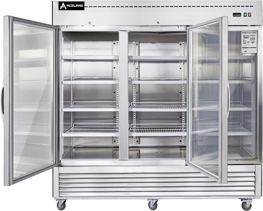 Aceland AR-82BG 82" W Commercial Display Refrigerator Merchandiser 3 Glass Door 3 Section Stainless Steel Reach-in Glass Door Upright Fan Cooling 72 Cu.ft