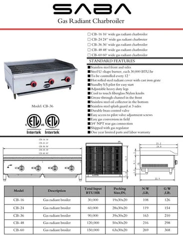 SABA CB-36 36" Gas Radiant Charbroiler 90,000BTU SABA CB-36 36" Gas Radiant Charbroiler 90,000BTU