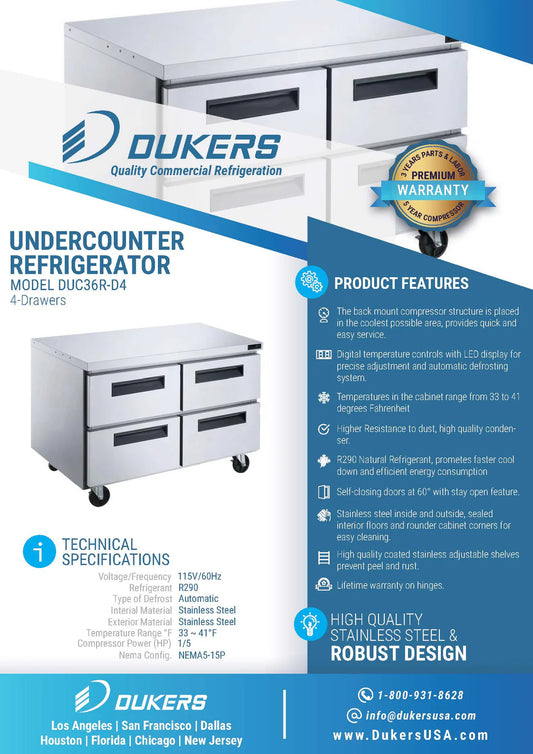 Dukers DUC36R-D4 4-Drawer Undercounter Commercial Refrigerator in Stainless Steel