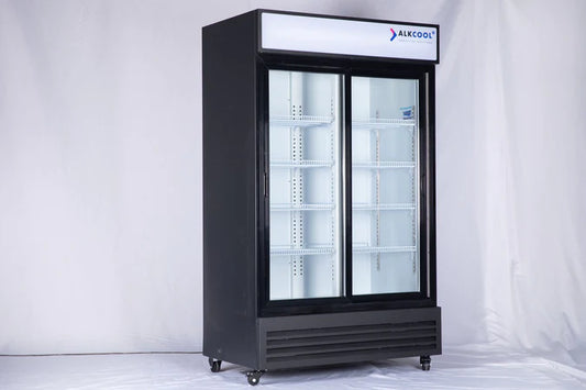 ALK GDR47(S) 47.2 INCH TWO SECTION SLIDING GLASS DOOR MERCHANDISER REFRIGERATOR NO WHEELS (WHEELS ARE NOT PRE-INSTALLED)