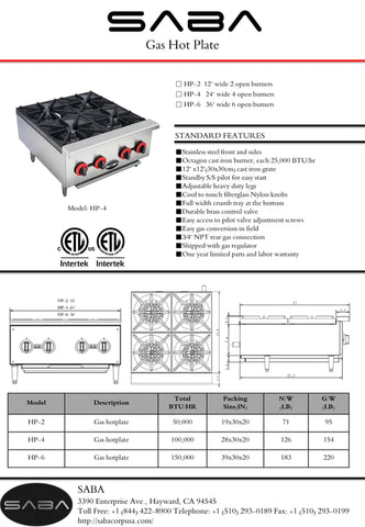 SABA HP-4 4 Plate Gas Hot Plate 100,000 BTU SABA HP-4 4 Plate Gas Hot Plate 100,000 BTU