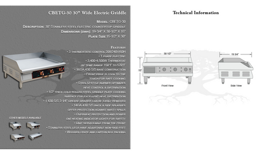 Copper Beech CBETG-30 Griddle ELECTRIC Countertop