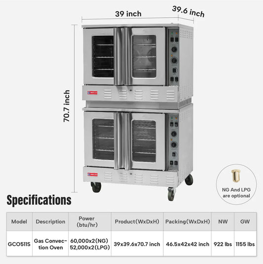 Commercial Convection Oven, WESTLAKE GCO511S 39" Double Deck Full Size Commercial Gas Convection Oven with Legs - 120,000 BTU
