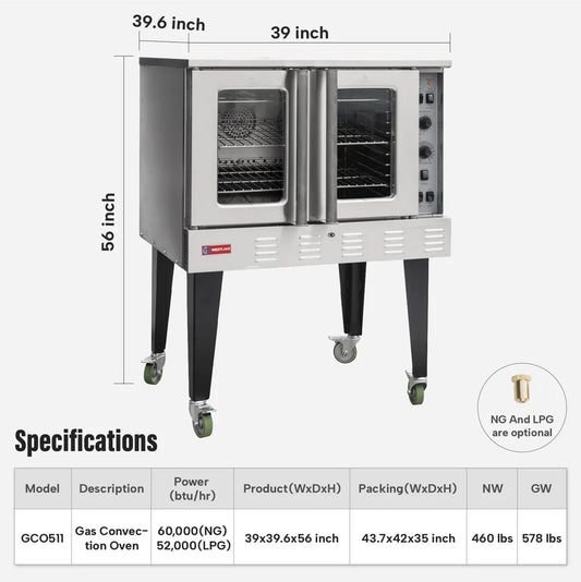 Commercial Convection Oven, WESTLAKE GCO511 39" Single Deck Full Size Commercial Gas Convection Oven with Legs - 60,000 BTU