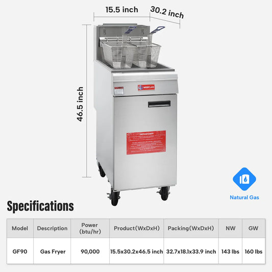 Commercial Deep Fryer, WESTLAKE GF90 37-46 lb. Stainless Steel Commercial Gas Floor Fryer with Casters - 90,000 BTU