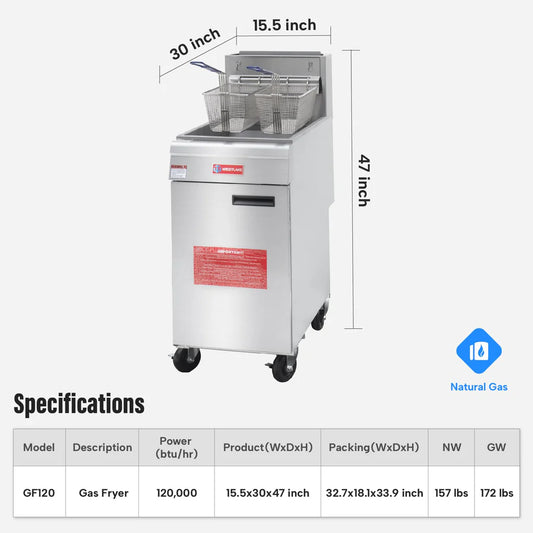 Commercial Deep Fryer, WESTLAKE GF120 43-50 lb. Stainless Steel Commercial Gas Floor Fryer with Casters - 120,000 BTU