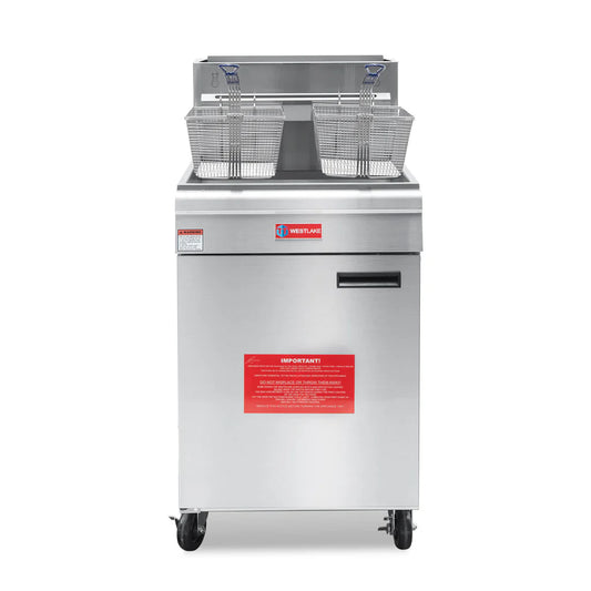 Commercial Deep Fryer, WESTLAKE GF150 62-74 lb. Stainless Steel Commercial Gas Floor Fryer with Casters - 150,000 BTU