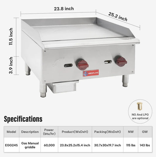 Commercial Gas Griddle, WESTLAKE EGG-24S 24" Countertop Griddle 2 Burner Plate Grill 60,000 BTU