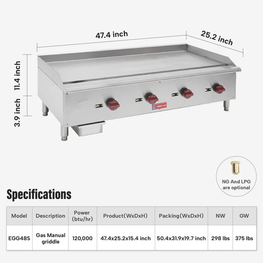 Commercial Gas Griddle, WESTLAKE EGG-48S 48" Countertop Griddle 4 Burner Plate Grill 120,000 BTU