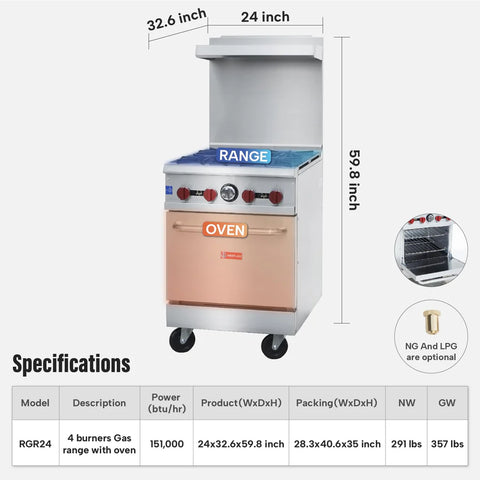 RGR24 Commercial Gas Range & Stove, WESTLAKE 4 Burner 24" Commercial Gas Range with Standard Oven - 151,000 BTU RGR24 Commercial Gas Range & Stove, WESTLAKE 4 Burner 24" Commercial Gas Range with Standard Oven - 151,000 BTU