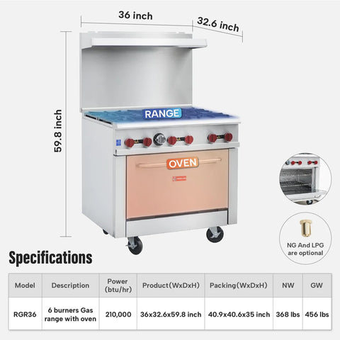 RGR36 Commercial Gas Range & Stove, WESTLAKE 6 Burner 36" Commercial Gas Range with Standard Oven - 210,000 BTU RGR36 Commercial Gas Range & Stove, WESTLAKE 6 Burner 36" Commercial Gas Range with Standard Oven - 210,000 BTU