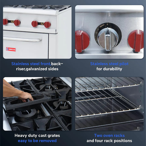 RGR36 Commercial Gas Range & Stove, WESTLAKE 6 Burner 36" Commercial Gas Range with Standard Oven - 210,000 BTU RGR36 Commercial Gas Range & Stove, WESTLAKE 6 Burner 36" Commercial Gas Range with Standard Oven - 210,000 BTU