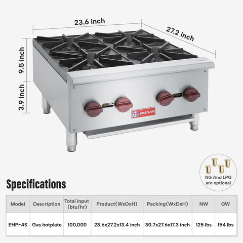Commercial Hot Plate, WESTLAKE EHP-4S 24" Countertop Gas Range Restaurant 4 Burner Gas Stove with 100,000 BTU Commercial Hot Plate, WESTLAKE EHP-4S 24" Countertop Gas Range Restaurant 4 Burner Gas Stove with 100,000 BTU