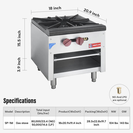 Commercial Stock Pot Range, WESTLAKE SP-1M 18" Countertop Gas Stock Pot Burner, 1 Burner Stock Pot Stove - 80,000 BTU