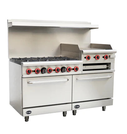 SABA GR60-GS24 60" 6 Open Burner Gas Range with 24" Gas Griddle, Broiler & Bottom Oven 278,000 BTU