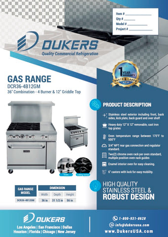 Dukers DCR36-4B12GM 36″ Gas Range with Four (4) Open Burners & 12″ Griddle Dukers DCR36-4B12GM 36″ Gas Range with Four (4) Open Burners & 12″ Griddle