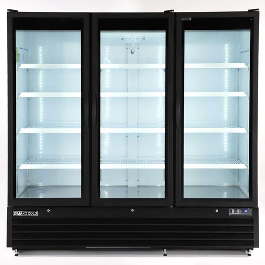 Maxx Cold MXGDM-73FBHC Triple Glass Door Merchandiser Freezer, Large Storage Capacity, 73 cu. ft., in Black