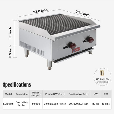 Commercial Charbroiler, WESTLAKE ECB-24S 24" Gas Countertop Radiant Charbroiler 2 Burner Char Broiler- 60,000 BTU Commercial Charbroiler, WESTLAKE ECB-24S 24" Gas Countertop Radiant Charbroiler 2 Burner Char Broiler- 60,000 BTU