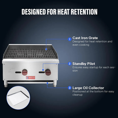 Commercial Charbroiler, WESTLAKE ECB-24S 24" Gas Countertop Radiant Charbroiler 2 Burner Char Broiler- 60,000 BTU Commercial Charbroiler, WESTLAKE ECB-24S 24" Gas Countertop Radiant Charbroiler 2 Burner Char Broiler- 60,000 BTU