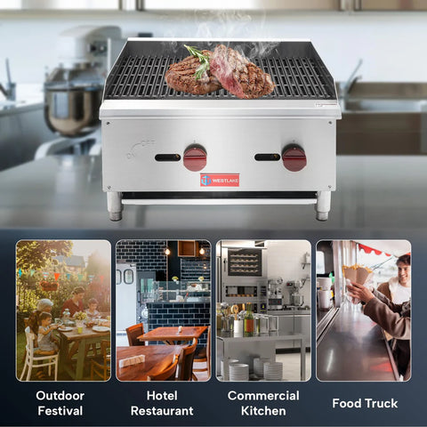 Commercial Charbroiler, WESTLAKE ECB-24S 24" Gas Countertop Radiant Charbroiler 2 Burner Char Broiler- 60,000 BTU Commercial Charbroiler, WESTLAKE ECB-24S 24" Gas Countertop Radiant Charbroiler 2 Burner Char Broiler- 60,000 BTU