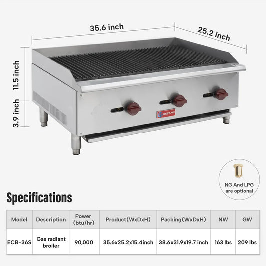 Commercial Charbroiler, WESTLAKE ECB-36S 36" Gas Countertop Radiant Charbroiler 3 Burner Char Broiler- 90,000 BTU