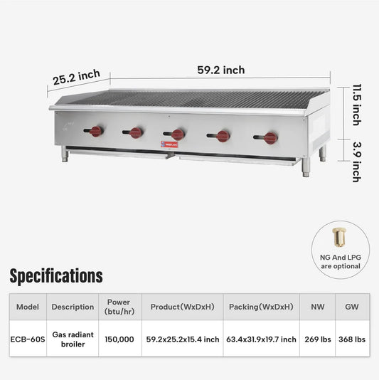 Commercial Charbroiler, WESTLAKE ECB-60S 60" Gas Countertop Radiant Charbroiler 5 Burner Char Broiler - 150,000 BTU