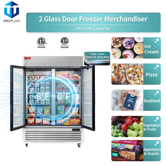 Commercial Freezer 2 Glass Door, WESTLAKE 54" W Merchandiser Reach-in Display Freezer 49 Cu.ft Upright Freezer for Restaurant, Bar, Retail