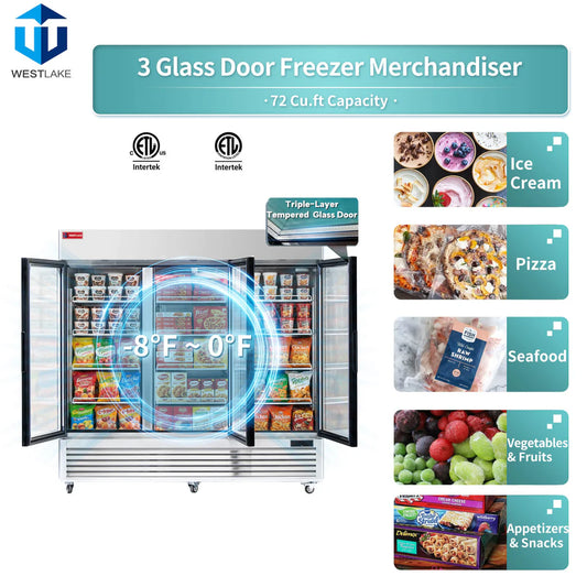 Commercial Freezer 3 Glass Door, WESTLAKE 82" W Merchandiser Reach-in Display Freezer 49 Cu.ft Upright Freezer for Restaurant, Bar, Retail