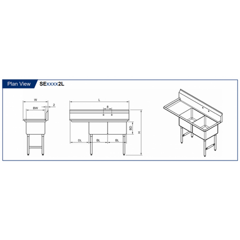 GSW SH24242 2 Compartment Sink - Left Drain Board