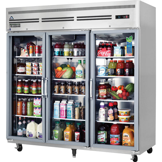 Everest ESGR3A 74.75 Inch Three Section Glass Door Upright Reach-In Refrigerator 71 Cubic Feet