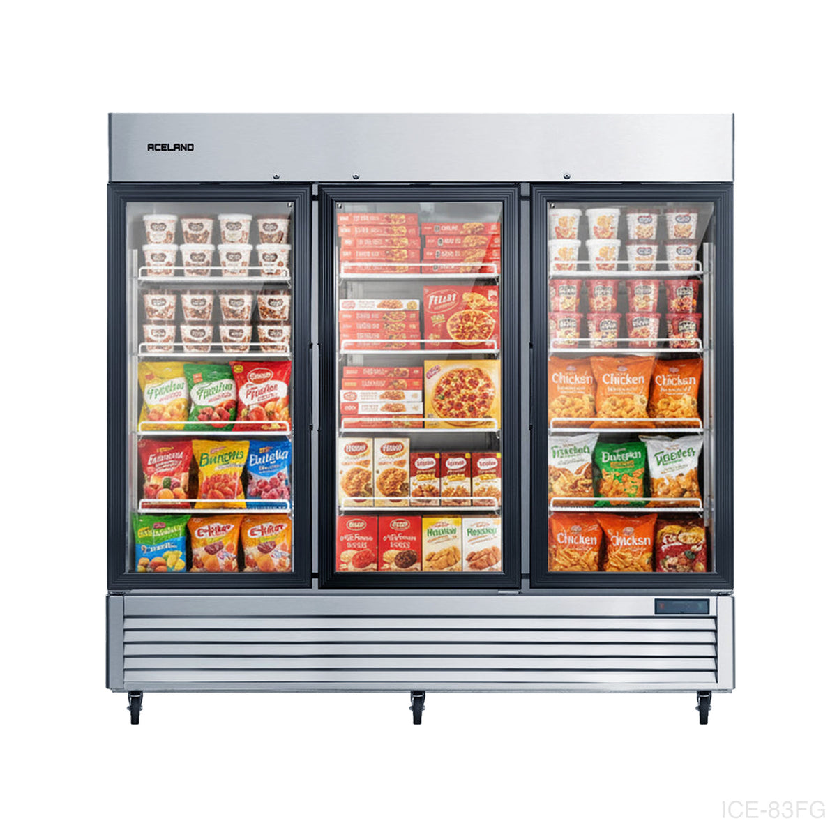 Aceland ICE-83FG 82" W Commercial Display Freezer Merchandiser 3 Glass Door 3 Section Stainless Steel Reach-In Glass Door Upright Air Cooling 72 Cu.Ft