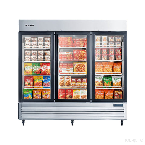 Aceland ICE-83FG 82" W Commercial Display Freezer Merchandiser 3 Glass Door 3 Section Stainless Steel Reach-In Glass Door Upright Air Cooling 72 Cu.Ft