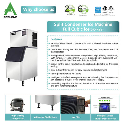 ASK-729S  700 lb. Restaurant Commercial Air Cooled Cube Ice Maker Machine with 440 lb. Bin