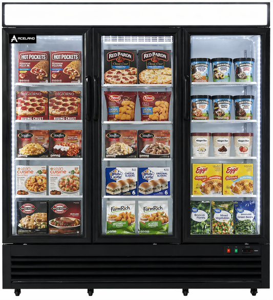 Aceland AKF-72BG 72" W Commercial Display Freezer Merchandiser 3 Glass Door 3 Section Stainless Steel Reach-In Glass Door Upright Air Cooling 54 Cu.ft for Restaurant, Bar, Shop, Retail