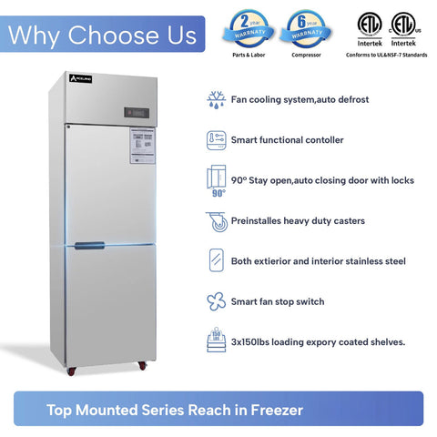 Aceland AF-68 24 Inch Commercial Reach-In Freezer, 2 Split Doors, Stainless Steel Upright Freezer