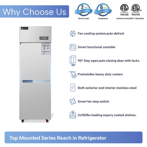 Aceland AR-68  Single Solid Door 24 Inch Commercial Reach-In Refrigerator, 2 Split Doors, Stainless Steel Upright Cooler