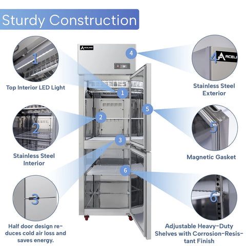 Aceland AR-68  Single Solid Door 24 Inch Commercial Reach-In Refrigerator, 2 Split Doors, Stainless Steel Upright Cooler