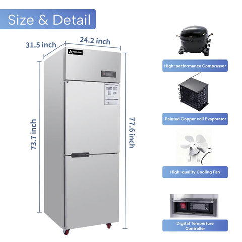 Aceland AR-68  Single Solid Door 24 Inch Commercial Reach-In Refrigerator, 2 Split Doors, Stainless Steel Upright Cooler