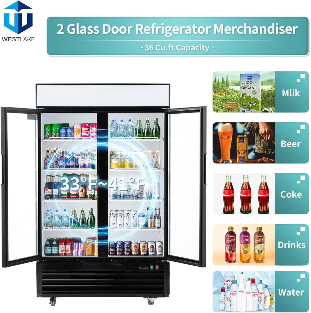 Commercial Refrigerator 2 Glass Door, WESTLAKE WKR-48G 48" W Merchandiser Reach-in Cooler Upright Fridge 36 Cu.ft for Restaurant, Bar, Shop, Retail