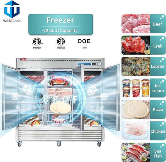 WESTLAKE WKF-82B  Commercial Freezer 82"W 3 Door 3 Section Stainless Steel Reach-in Solid Door Upright Fan Cooling 72 Cu.ft Freezer for Restaurant, Bar, Shop, etc