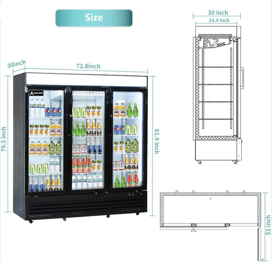 Aceland AKR-72BG Commercial Refrigerator 3 Glass Door,  72" W Merchandiser Reach-in Cooler Upright Fridge 54 Cu.ft for Restaurant, Bar, Shop, Retail