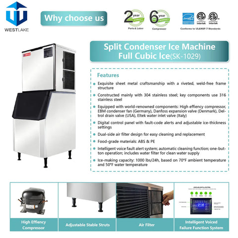 SK-1029 Westlake 1000 lb. Air Cooled Cube Ice Maker with Bin 440 lb.