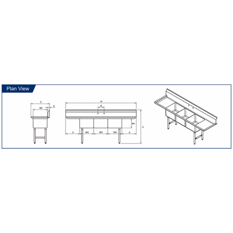 GSW SE18183D 3 Compartment Sink - 2 Drain Boards