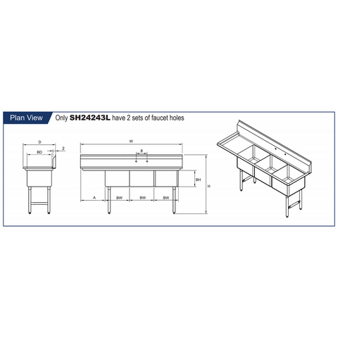 GSW SH24243L *	3 Compartment Sink - Left Drain Board