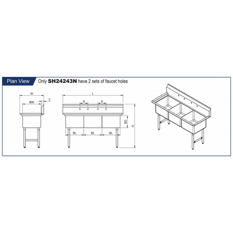 GSW SH24243N* 3 Compartment Sink - No Drain Board